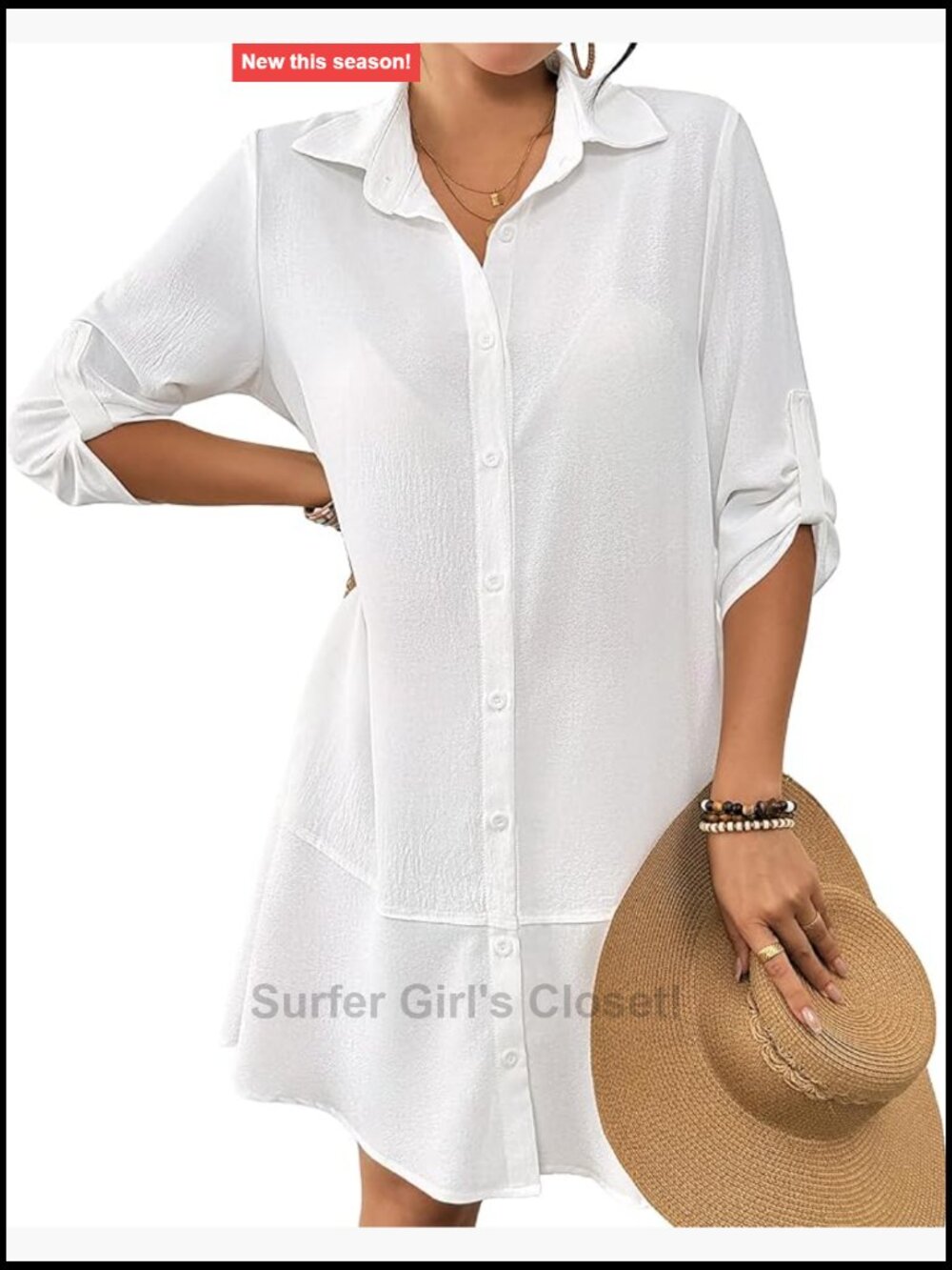 Button Down Swimsuit Cover Up Ruffle Hem Beach Shirt Dress with Pockets